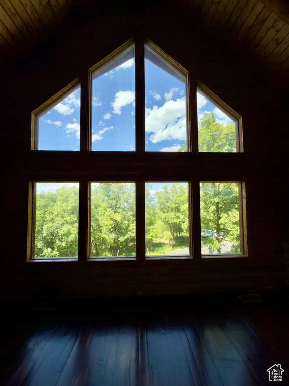 Detailed view of wooden ceiling and wood finished floors