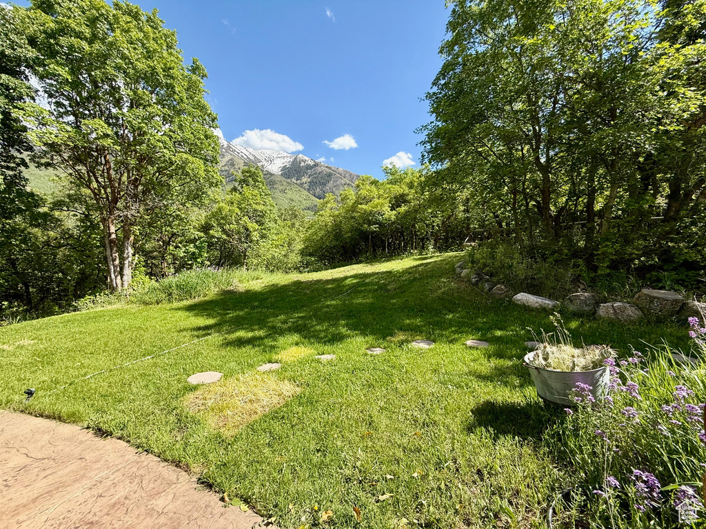 View of green lawn featuring a mountain view