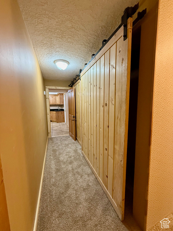 Hallway featuring light colored carpet, baseboards, and a textured ceiling