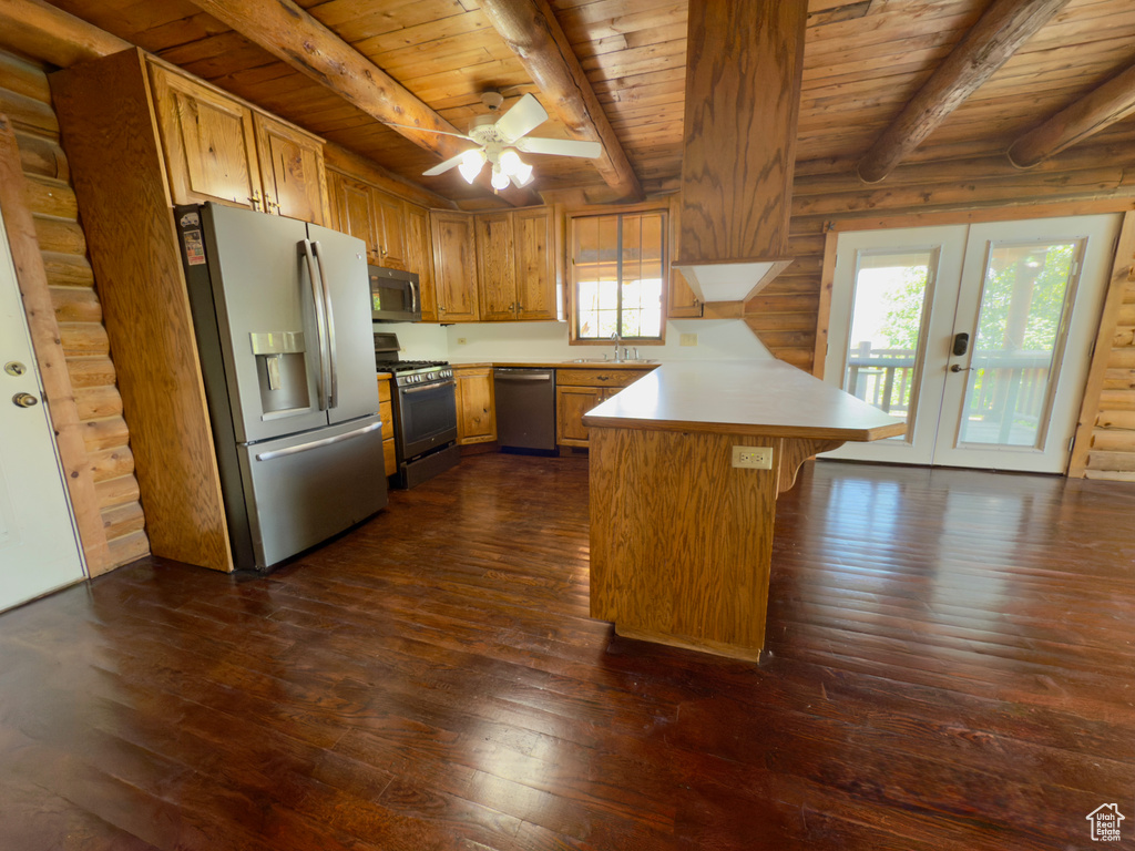 Kitchen with stainless steel appliances, a peninsula, wood ceiling with exposed beams, a sink, and dark wood finished floors