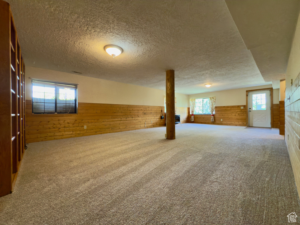 Basement with a wainscoted wall, wooden walls, a textured ceiling, and carpet floors