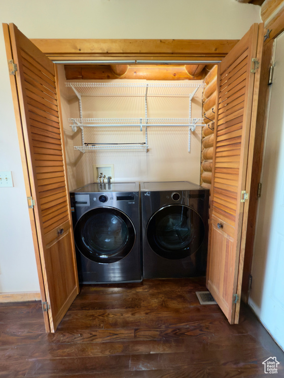 Laundry room featuring washer and clothes dryer and dark wood-style floors
