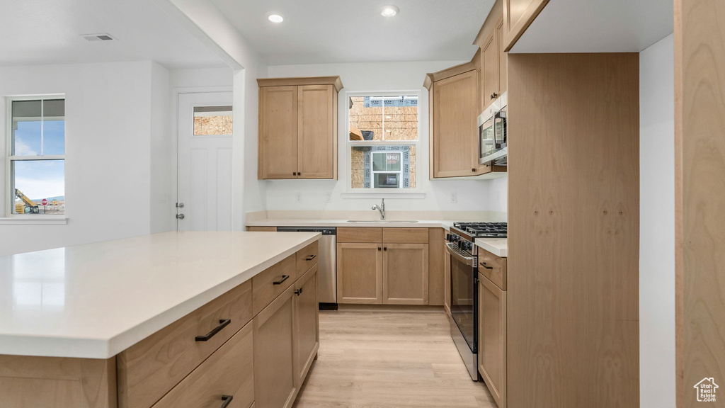 Kitchen featuring stainless steel appliances, light wood finished floors, a sink, light countertops, and recessed lighting