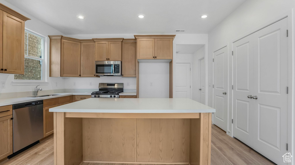 Kitchen with stainless steel appliances, a sink, light wood-type flooring, a kitchen island, and recessed lighting