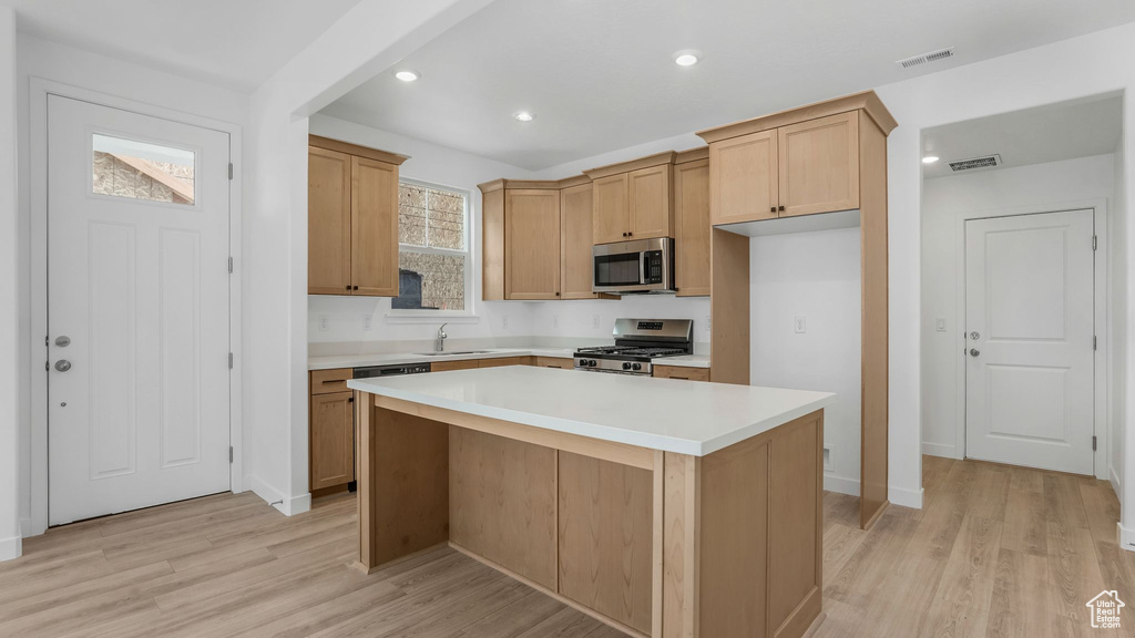 Kitchen with stainless steel appliances, a sink, light wood-style floors, a kitchen island, and light countertops