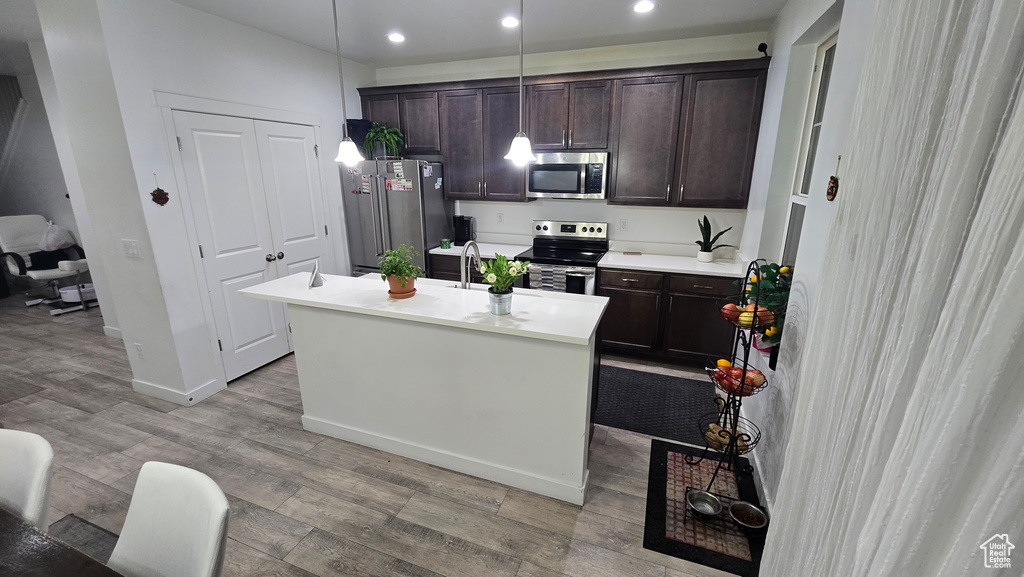 Kitchen with hanging light fixtures, a kitchen island with sink, light hardwood / wood-style floors, stainless steel appliances, and dark brown cabinets