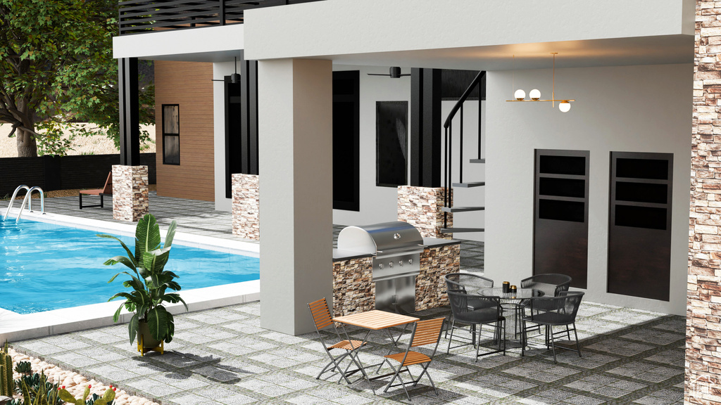 View of pool featuring a patio, exterior kitchen, and a grill
