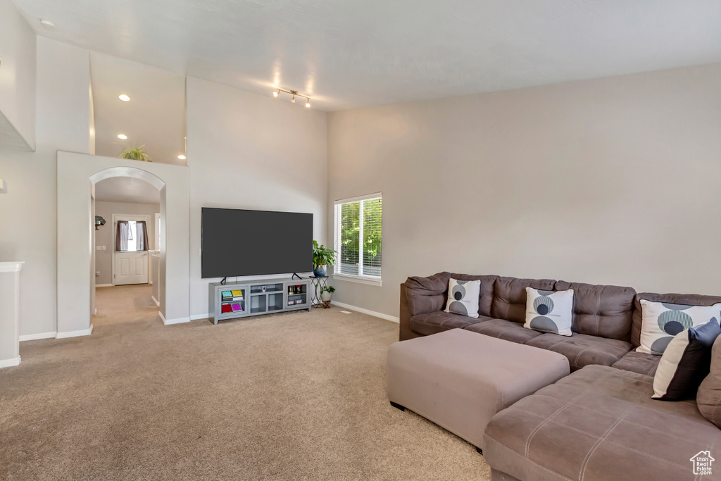 Living room featuring carpet floors and a high ceiling