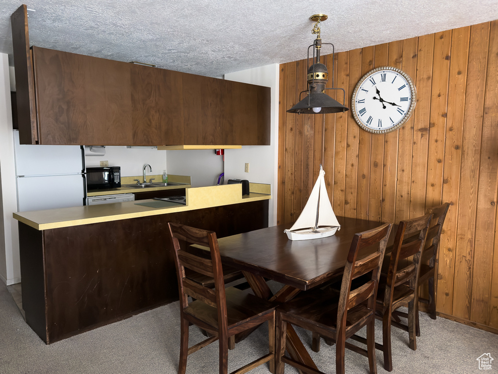 Carpeted dining area with sink, a textured ceiling, and wood walls