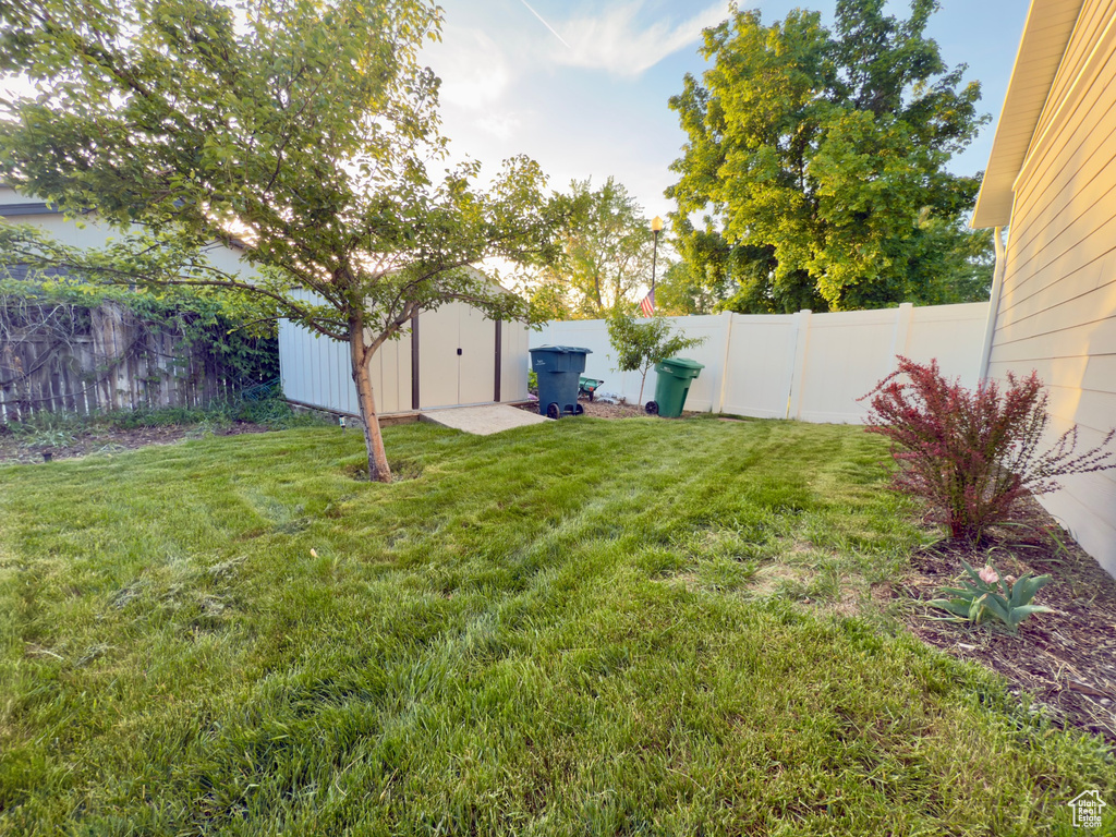 View of yard featuring a storage unit and an outbuilding
