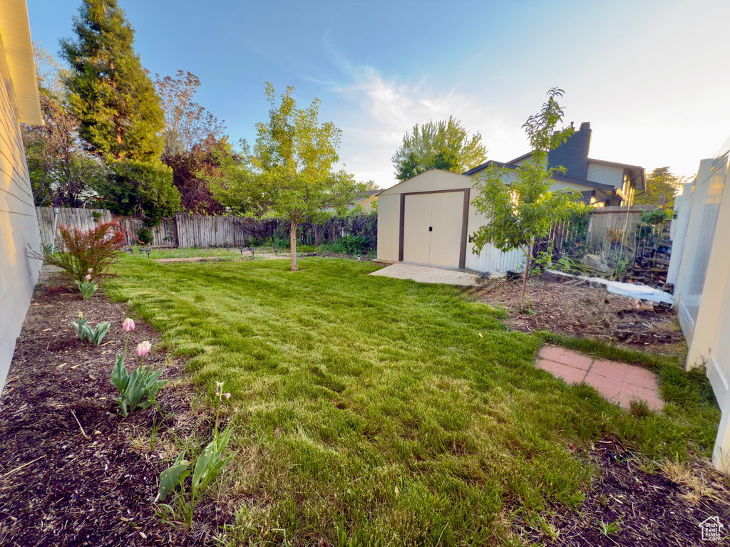 View of yard featuring a storage shed and an outbuilding