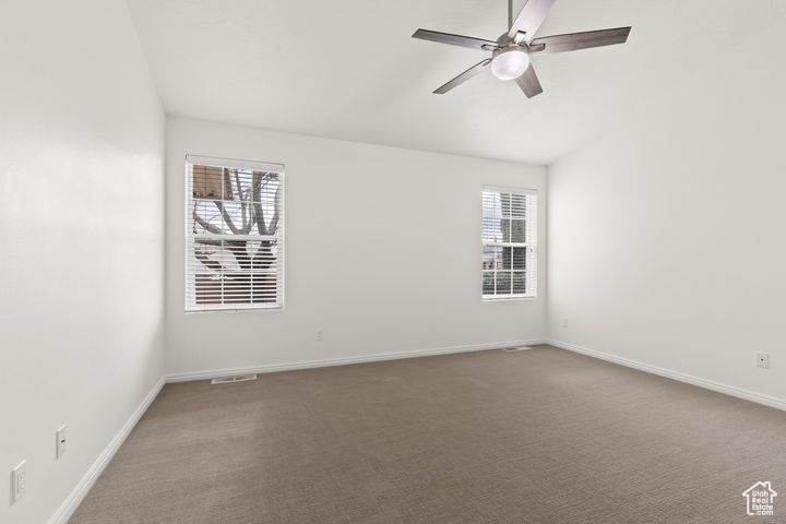 Empty room featuring healthy amount of natural light, baseboards, a ceiling fan, and carpet floors