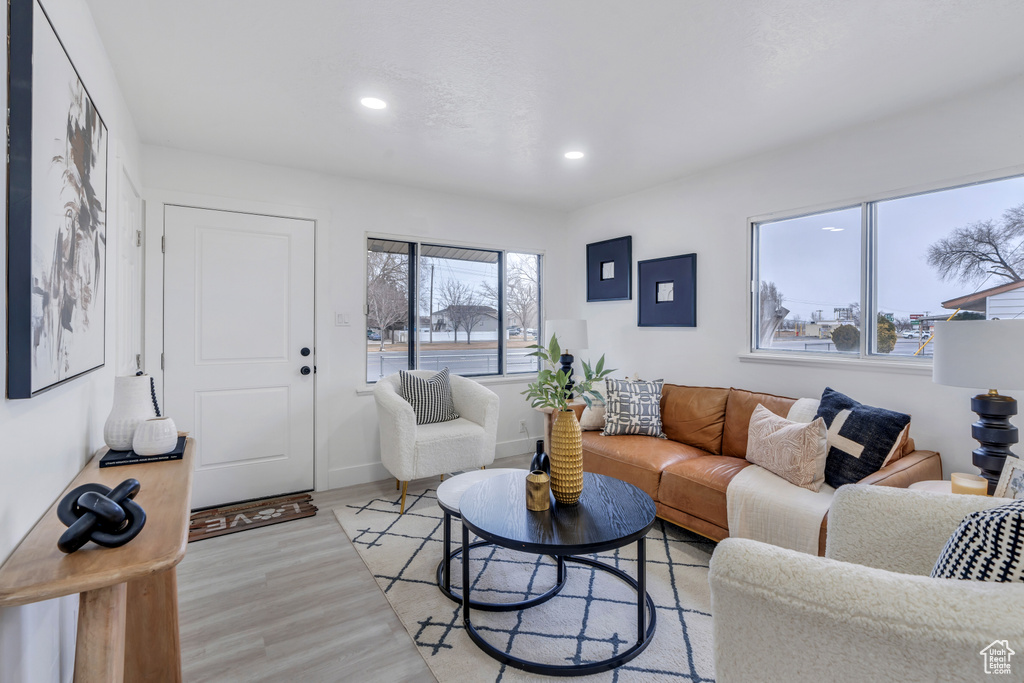 Living room with light wood-type flooring