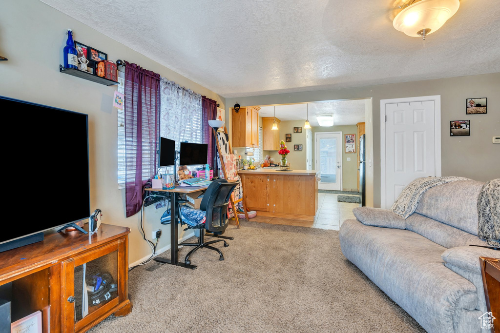 Carpeted home office featuring a textured ceiling