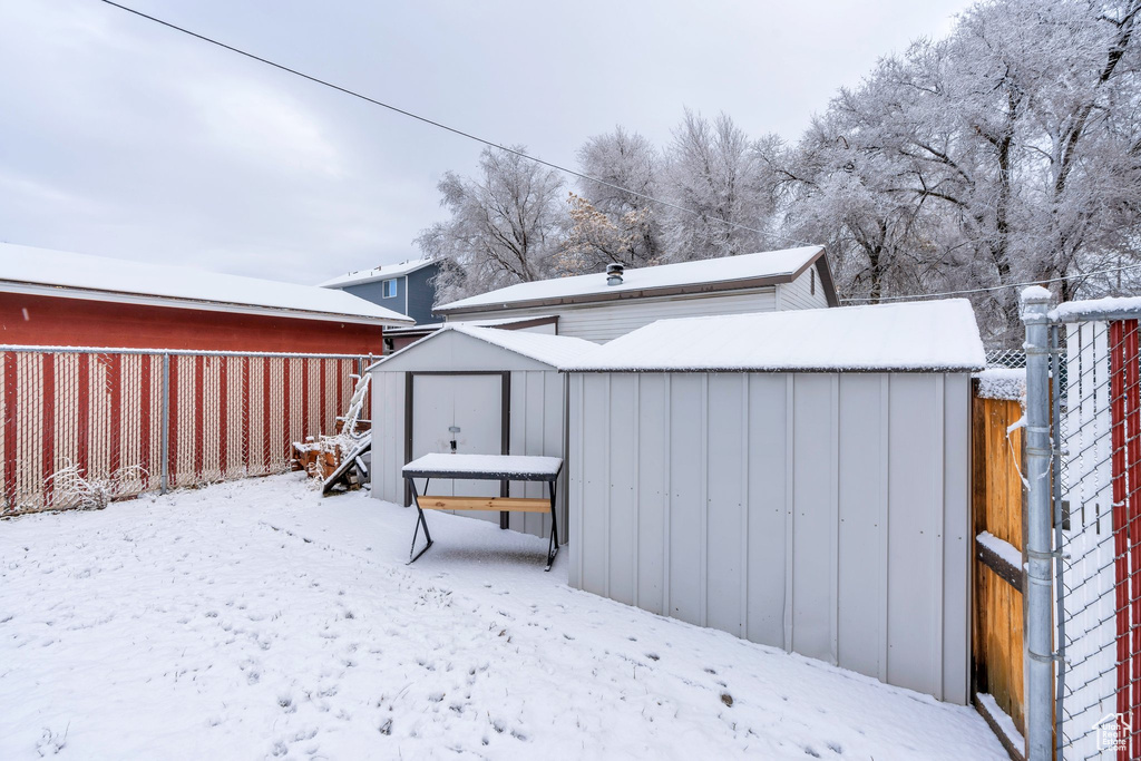 Exterior space with a shed