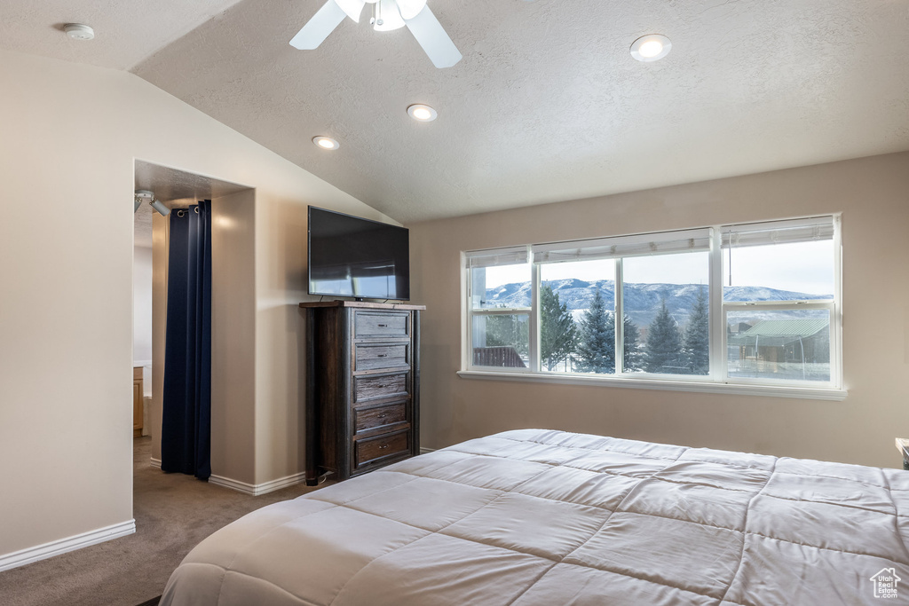Carpeted bedroom featuring baseboards, a textured ceiling, lofted ceiling, ceiling fan, and recessed lighting