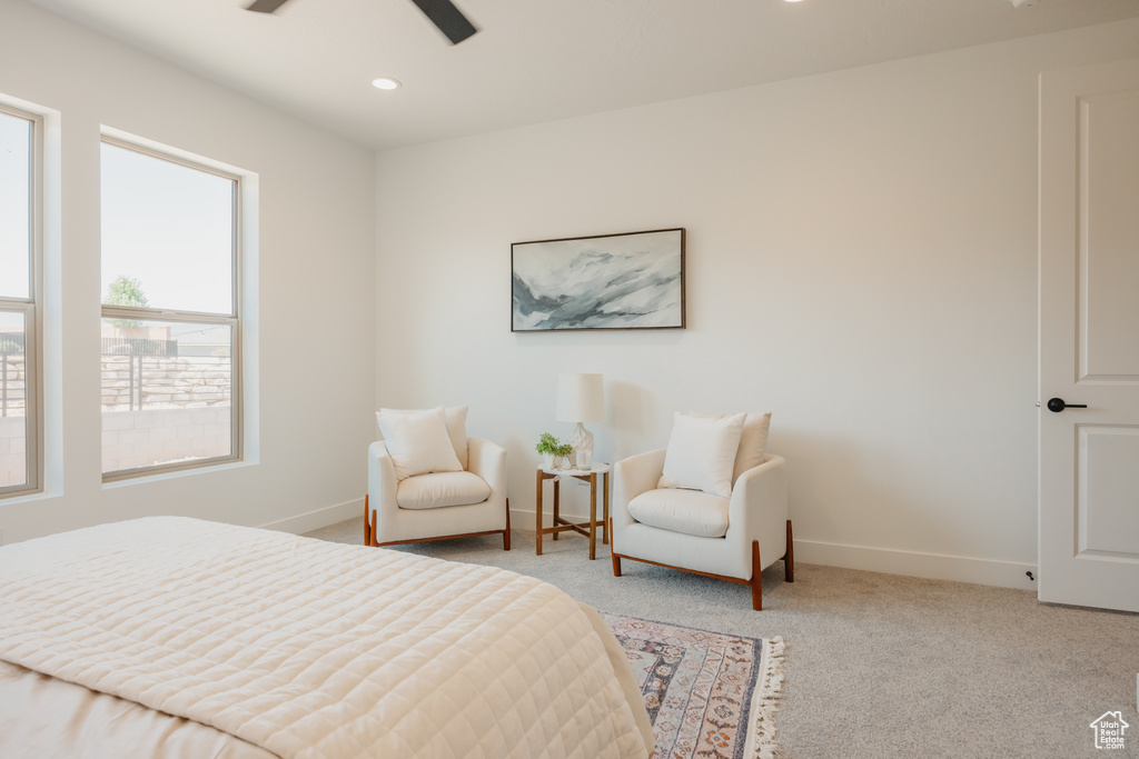 Carpeted bedroom featuring recessed lighting and ceiling fan