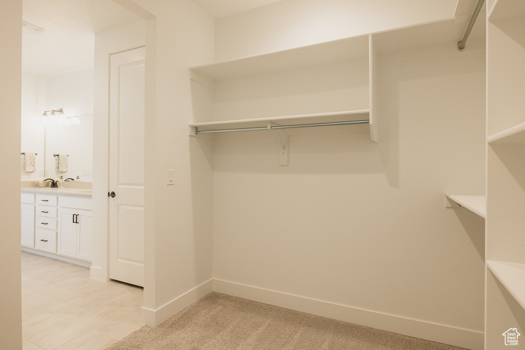 Walk in closet with light colored carpet