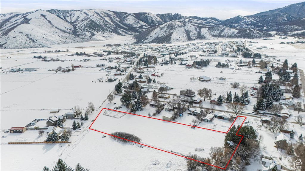 Snowy aerial view featuring a mountain view