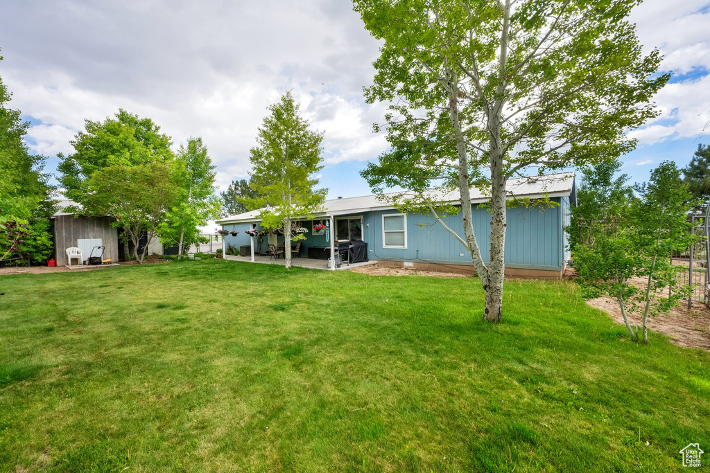 Back of house featuring a patio, a lawn, a storage shed, and an outbuilding