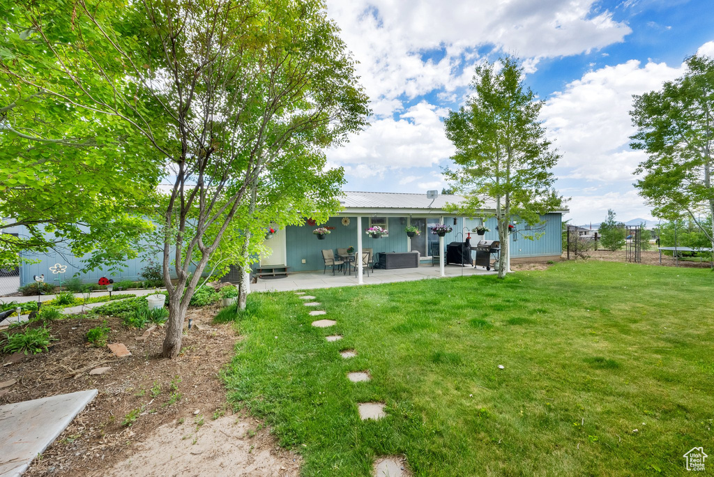 Rear view of property featuring a patio and metal roof