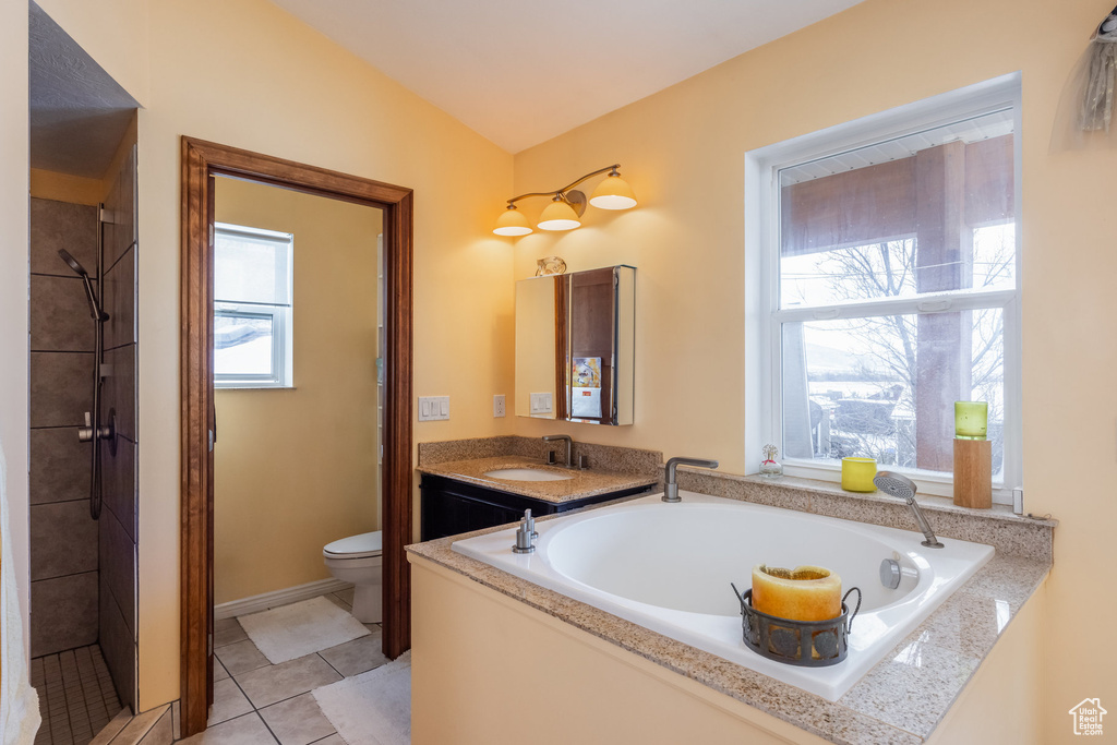 Bathroom featuring a sink, toilet, tile patterned flooring, and a bath