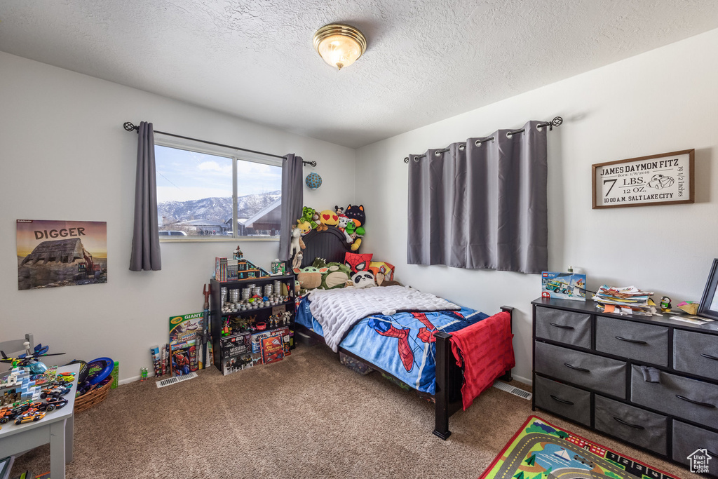 Carpeted bedroom with a textured ceiling and baseboards