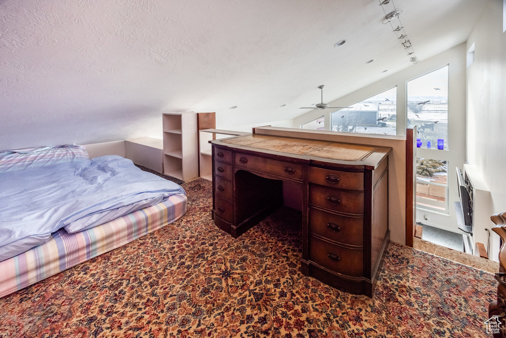 Carpeted bedroom with track lighting
