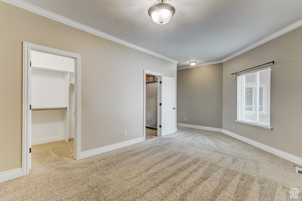 Unfurnished bedroom with a walk in closet, crown molding, carpet floors, and a closet