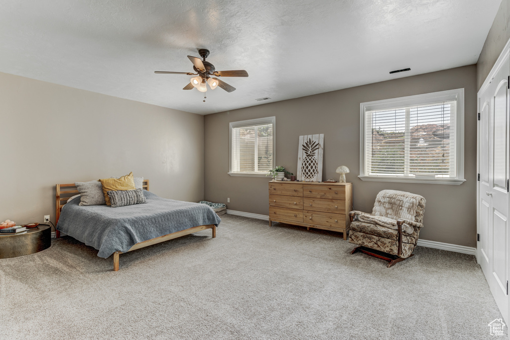 Carpeted bedroom with multiple windows and ceiling fan
