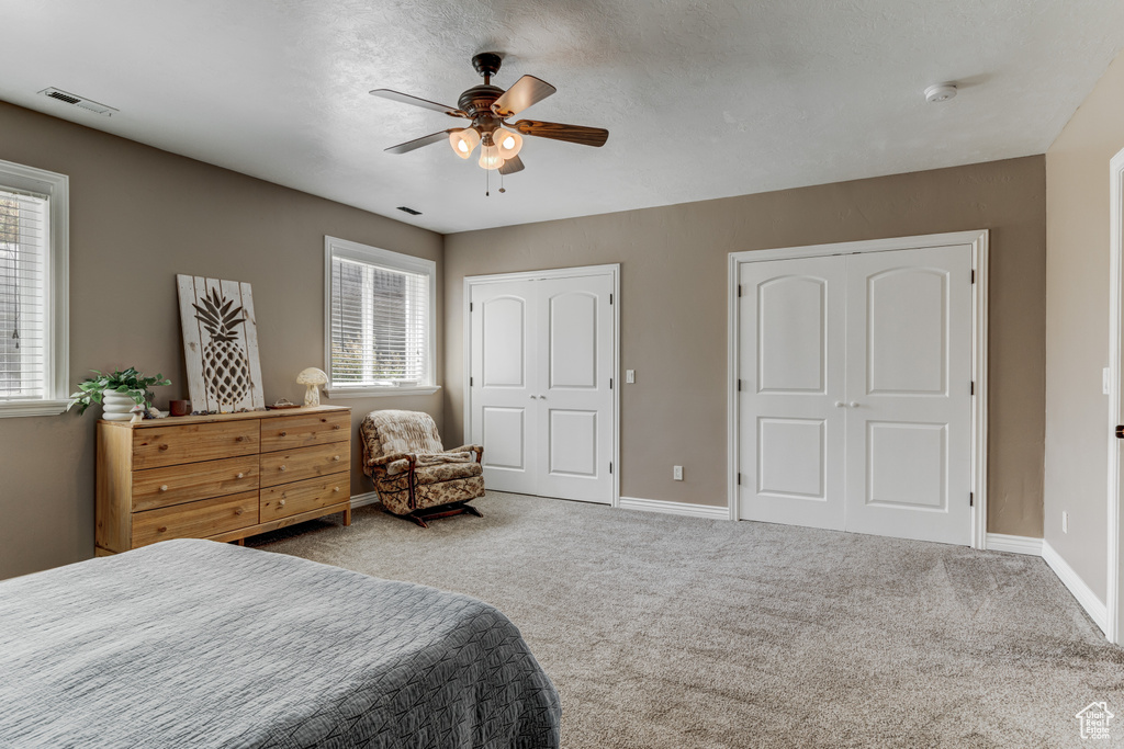 Bedroom with two closets, multiple windows, carpet flooring, and ceiling fan
