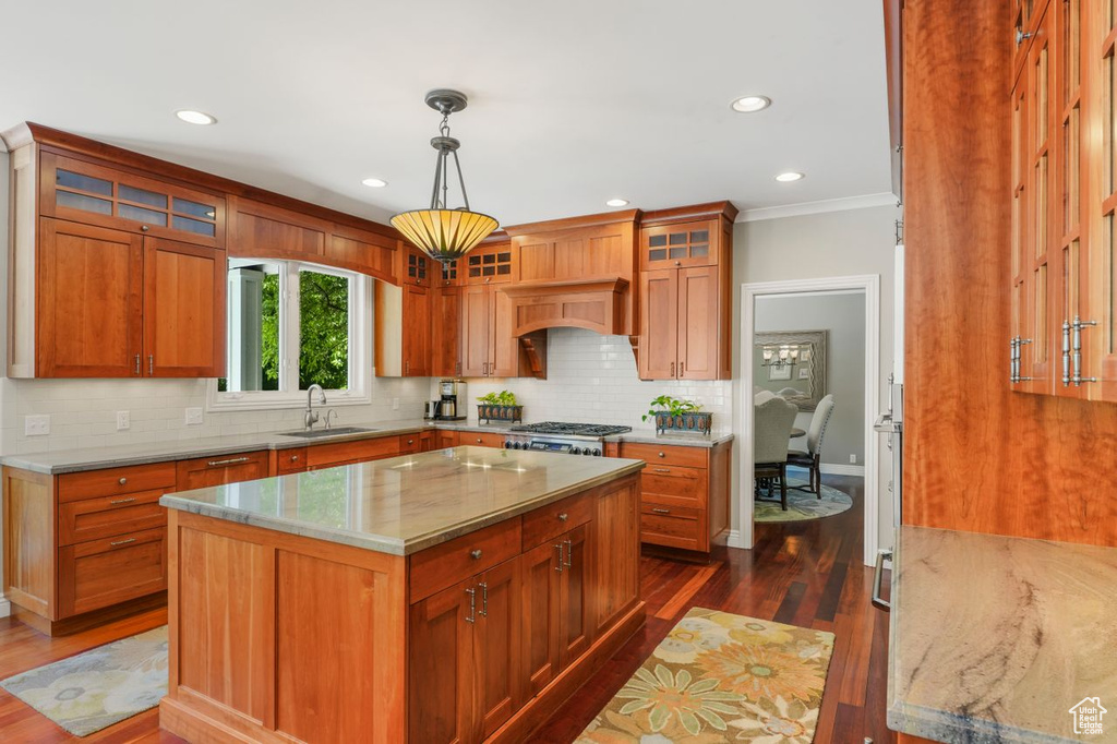 Kitchen featuring hanging light fixtures, light stone countertops, a center island, sink, and dark hardwood / wood-style floors