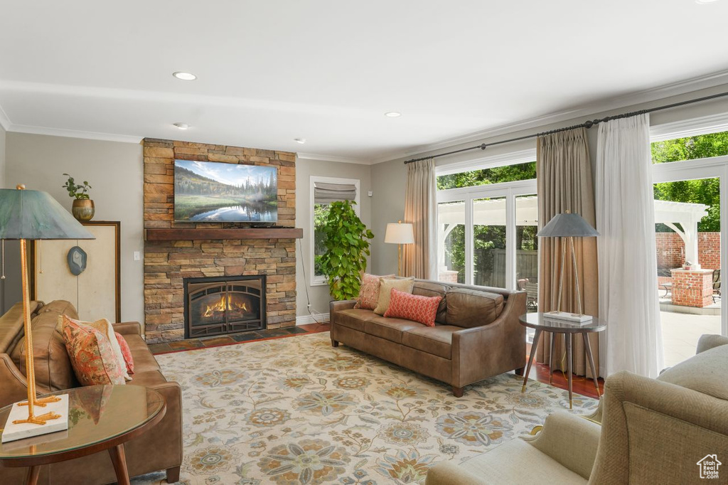 Living room featuring a stone fireplace, ornamental molding, a wealth of natural light, and light hardwood / wood-style flooring