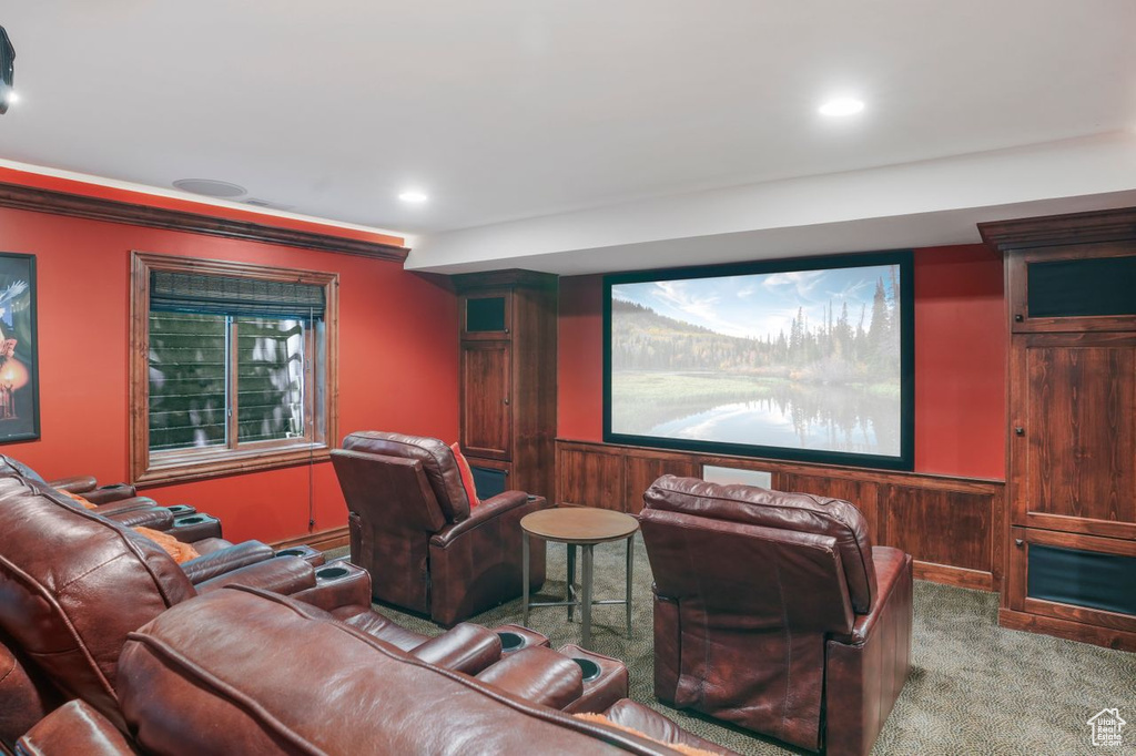 Carpeted cinema with wooden walls
