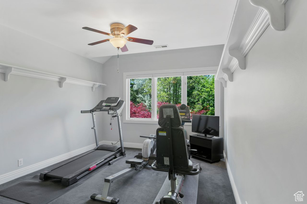 Exercise area with vaulted ceiling and ceiling fan