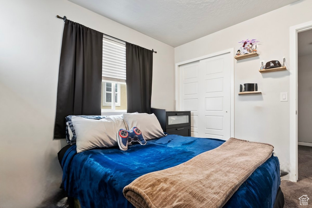 Carpeted bedroom with a closet