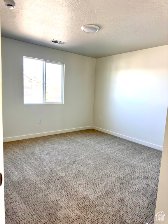 Empty room with visible vents, a textured ceiling, baseboards, and carpet