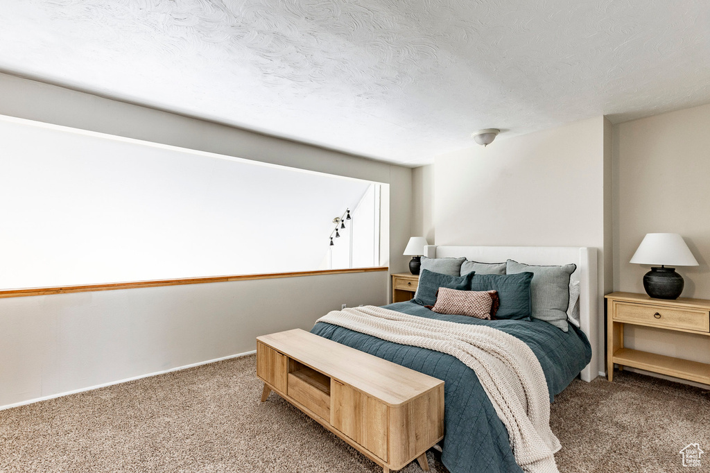 Carpeted bedroom featuring a textured ceiling