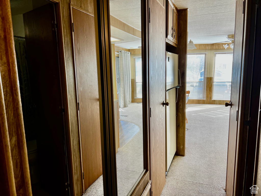 Hallway featuring light colored carpet