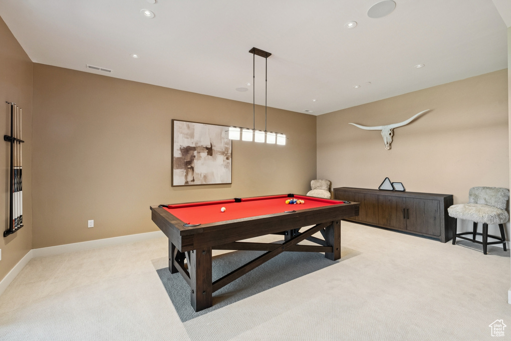 Playroom featuring light colored carpet, pool table, and recessed lighting
