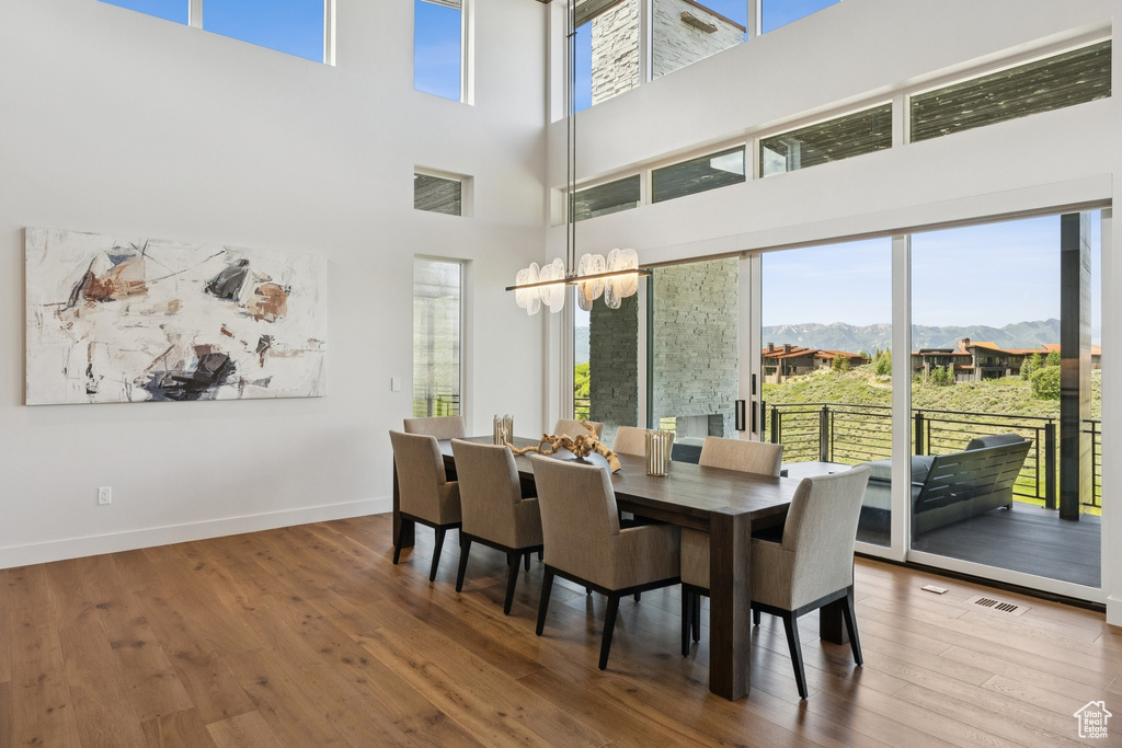 Dining room with a mountain view, wood finished floors, and a towering ceiling