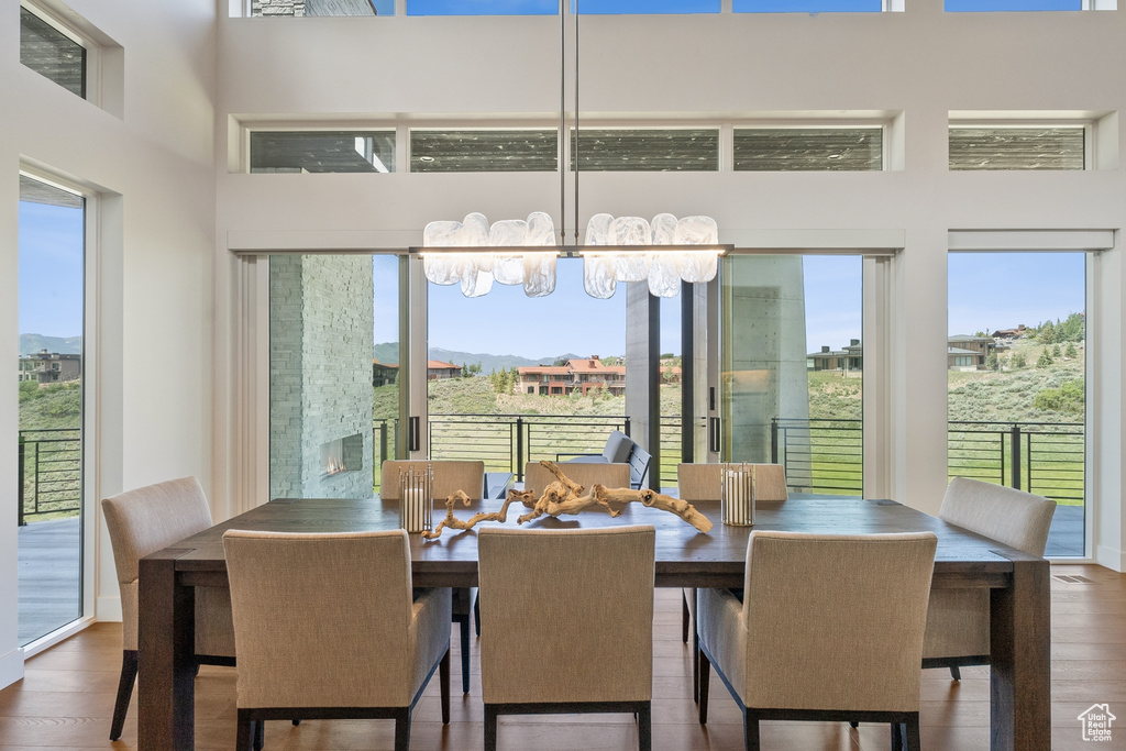 Dining room featuring wood finished floors, healthy amount of natural light, and a high ceiling