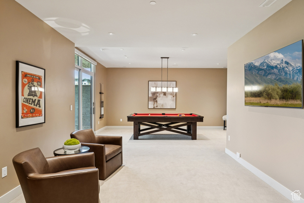 Rec room with carpet floors, billiards table, and recessed lighting