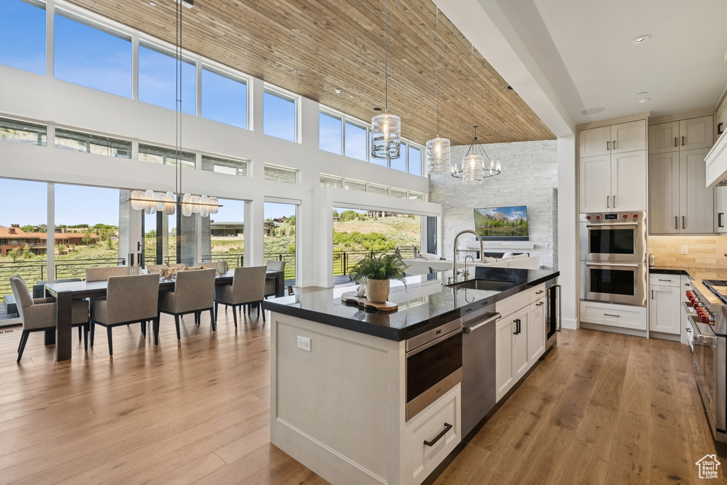 Kitchen with a chandelier, stainless steel appliances, a high ceiling, healthy amount of natural light, and backsplash