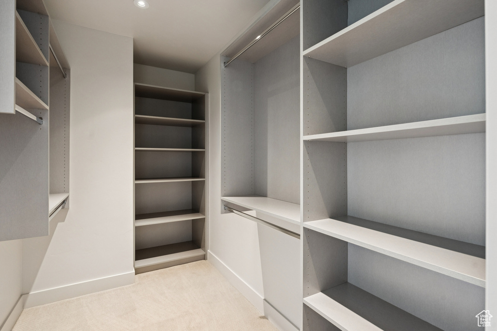 Spacious closet with light carpet