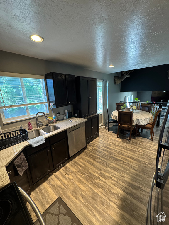 Kitchen featuring stainless steel dishwasher, a textured ceiling, a sink, dark cabinets, and light wood-style flooring