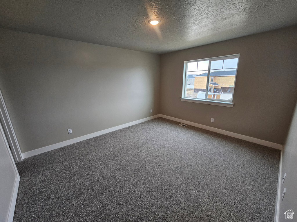 Empty room featuring carpet flooring and a textured ceiling