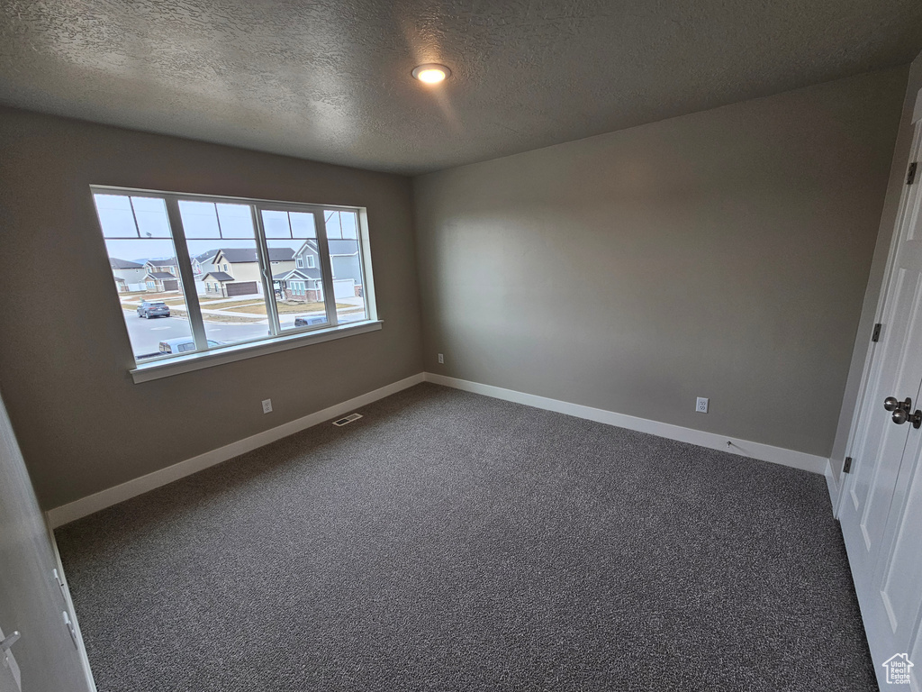 Unfurnished room with carpet and a textured ceiling