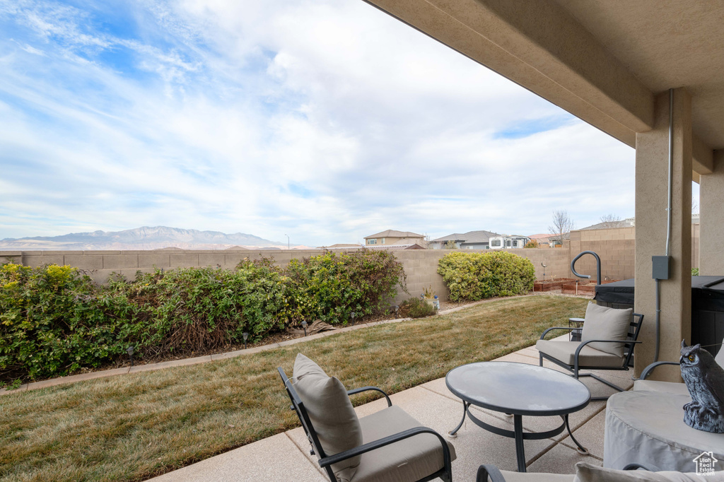 View of patio featuring a mountain view