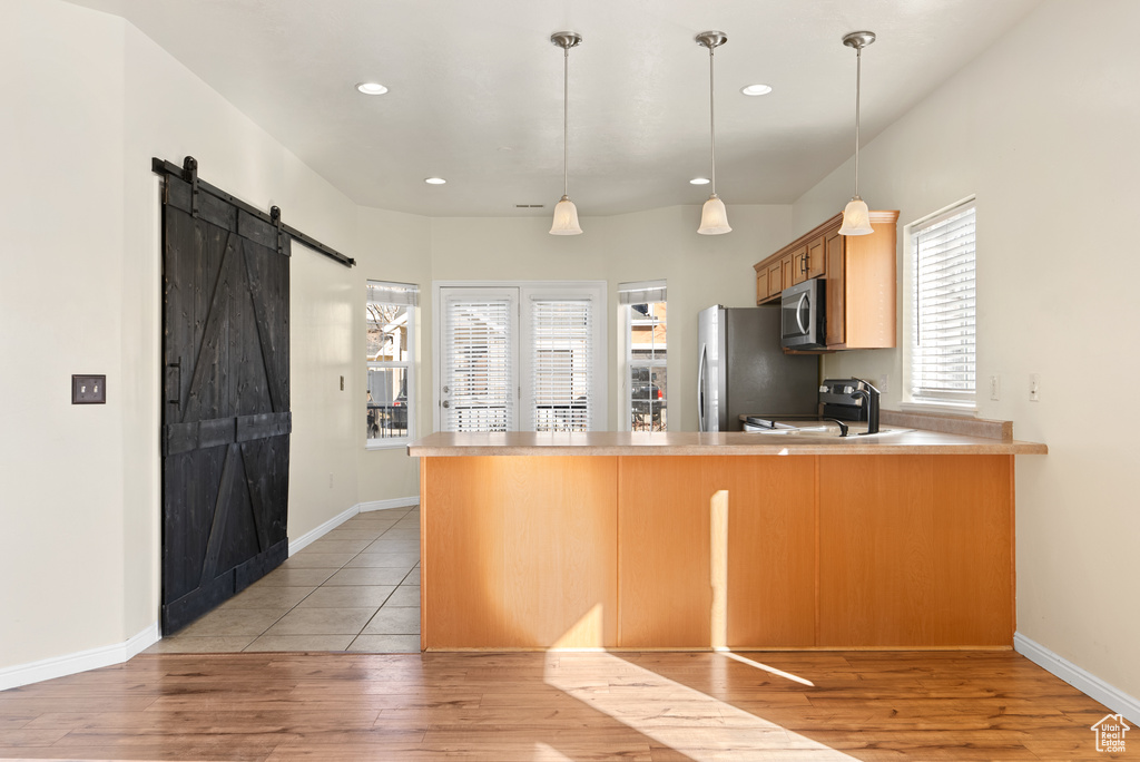 Kitchen with appliances with stainless steel finishes, sink, a barn door, and kitchen peninsula